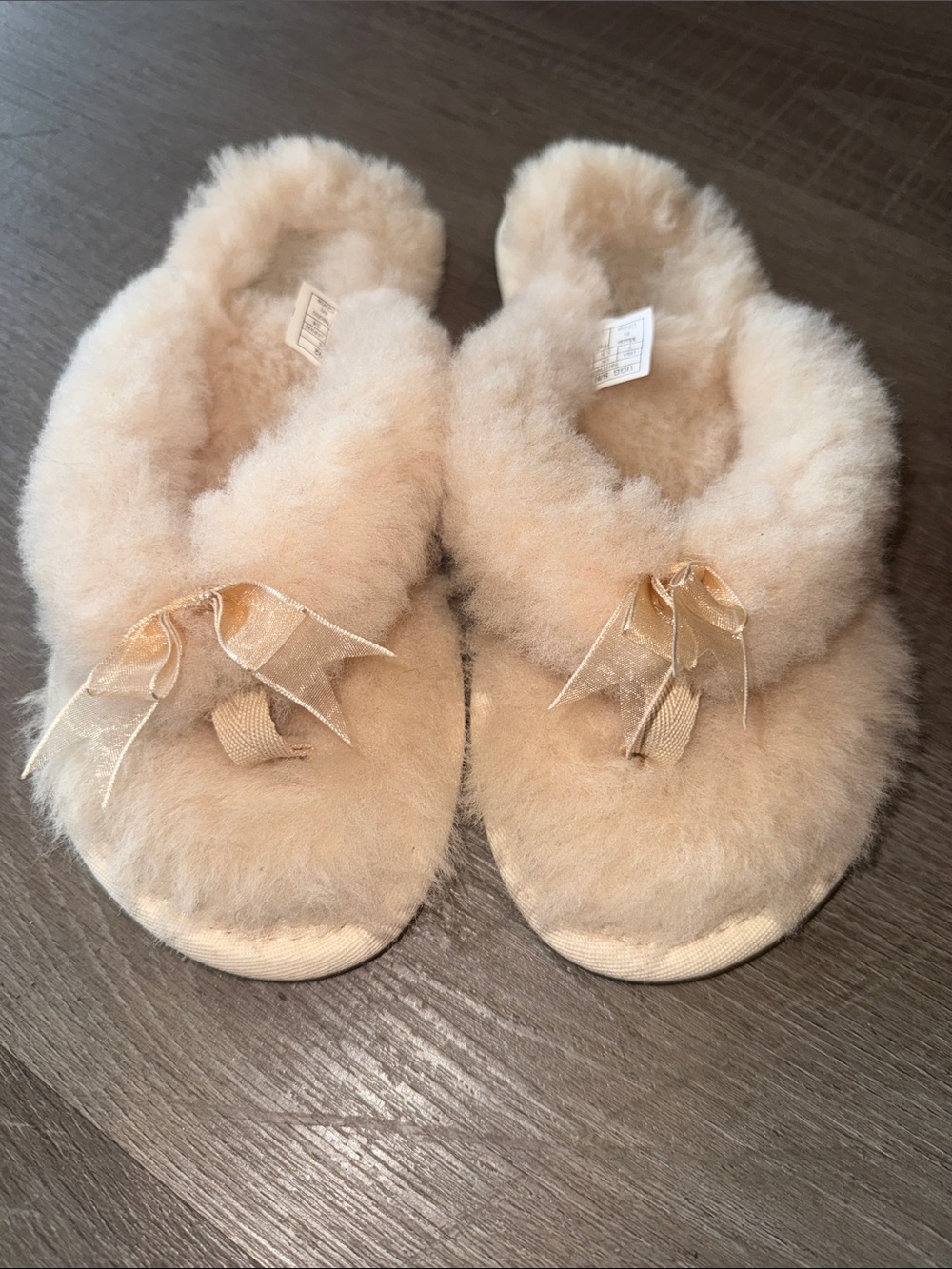 UGG Cream Faux-Shearling Slip-On Slippers with Ribbon Detail